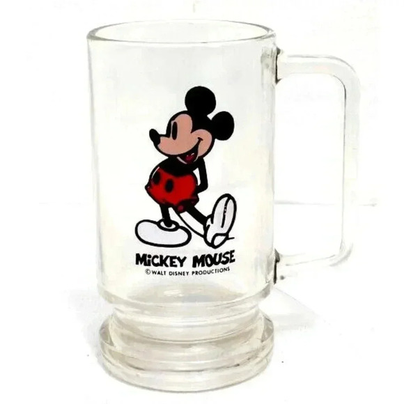 Vintage Disney Mickey Mouse Clear Drinking Cup Glass Beer Mug - Picture 1 of 2